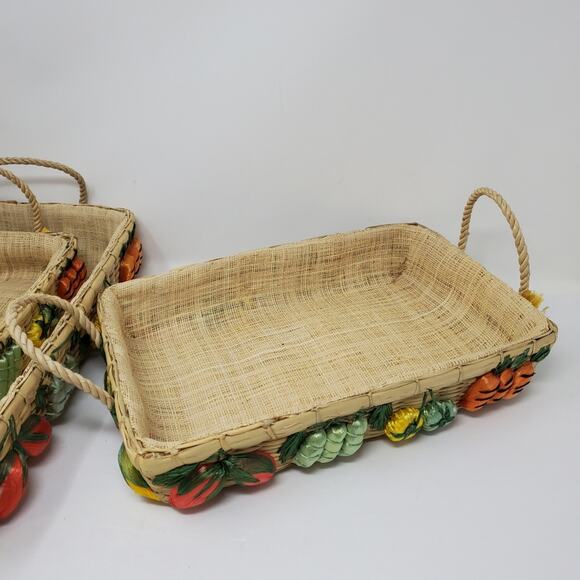 Vintage straw basket lot of 3 nesting baskets  with 3D veggie details Jute - Picture 5 of 6